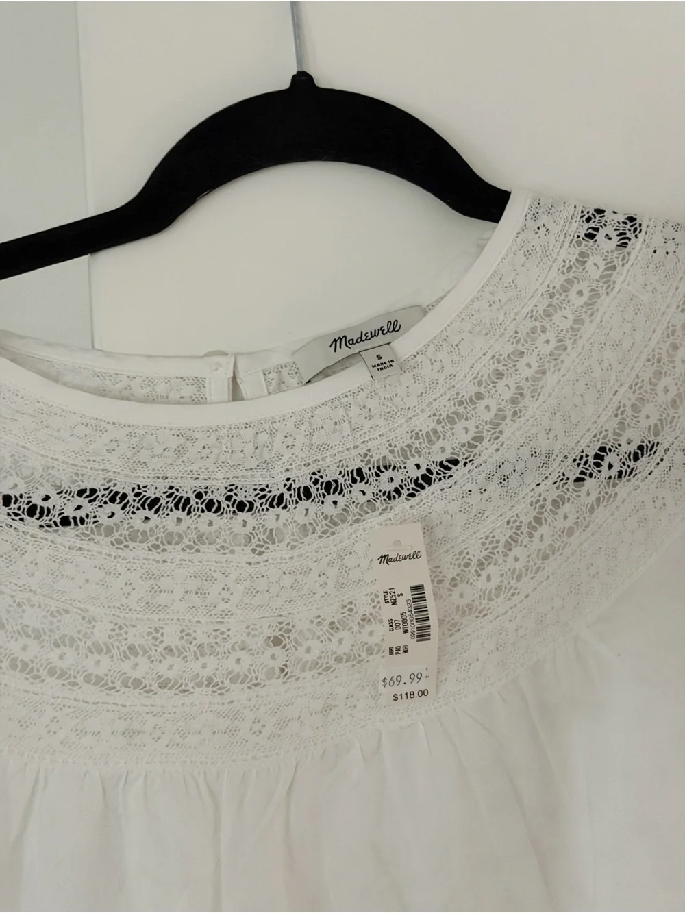 NWT Madewell Lace Inset Blouse Peasant Sleeves 100% Cotton Size Small
